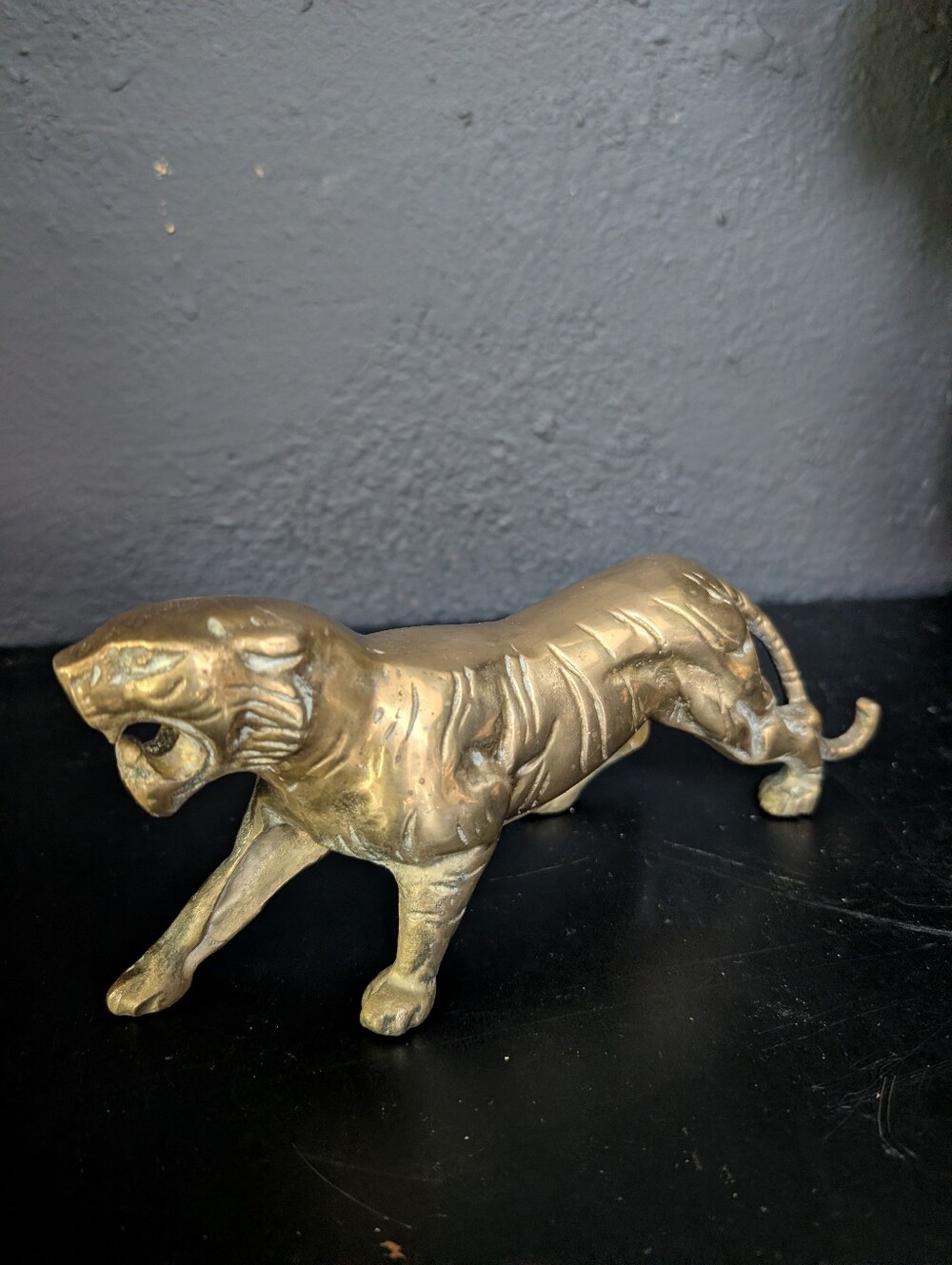 Vintage, MCM, Brass Prowling Tiger Statue Hollow Cast Big Cat Figurine, 9"